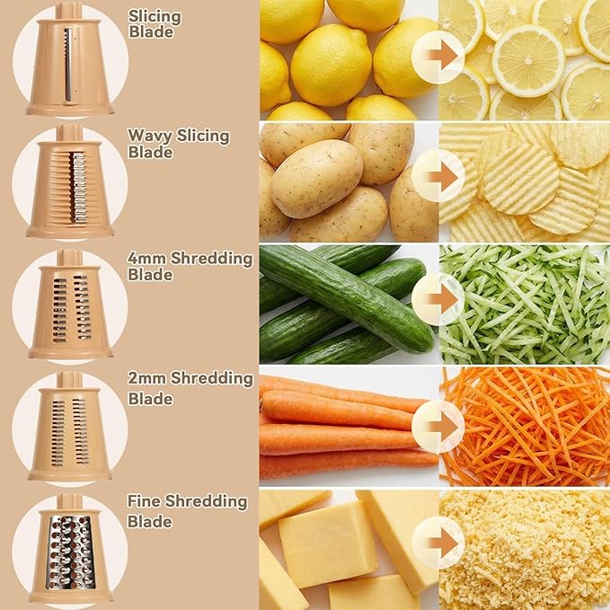 Upgrade Rotary Cheese Grater Shredder with Handle, Strong Suction Base, Multi-purpose Rotary Grater Slicer with 5 Interchangeable Blades for Ice, Vegetables, Fruit, Nuts with Blade Storage Box