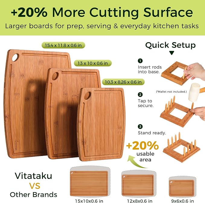 Bamboo Cutting Boards for Kitchen, 15.4" Deep Carbonized Wood Cutting Board with Storage Stand, 3 Piece Extra Thick Cutting Board Set with Deep Juice Grooves, Gift for Charcuterie Boards