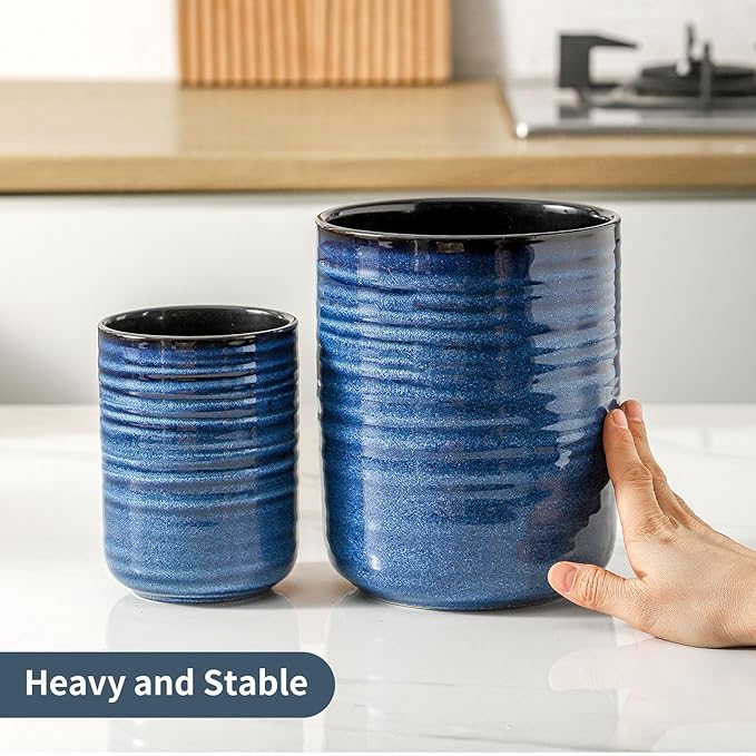HASENSE Ceramic Kitchen Utensil Holder, 7.4" x 6.2" Large Countertop Utensil Crock, Stable Cooking Utensil Organizer for Spatulas, Spoons, Whisks & Tools, Modern Blue Kitchen Decor
