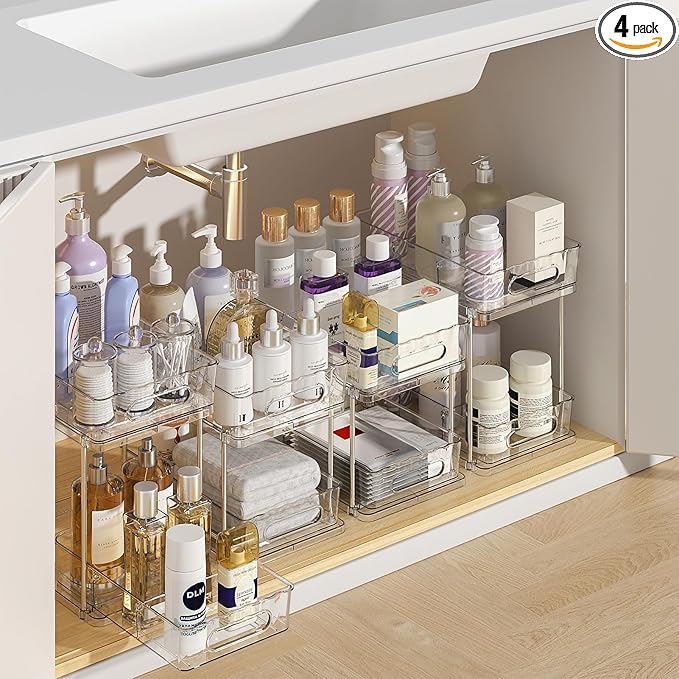 Delamu 2 Tier Under Sink Organizer Bathroom, Bathroom Cabinet Organizer with Snap-Lock Design and Hooks, Pull Out Storage with Movable Dividers, for Countertop, Kitchen and Pantry (Clear, 4 Pack)