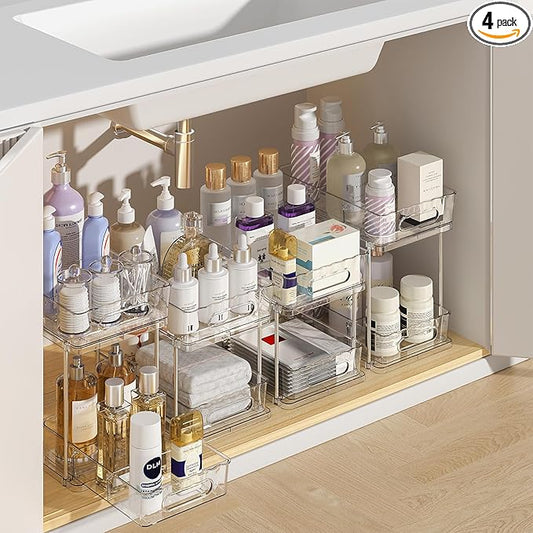 Delamu 2 Tier Under Sink Organizer Bathroom, Bathroom Cabinet Organizer with Snap-Lock Design and Hooks, Pull Out Storage with Movable Dividers, for Countertop, Kitchen and Pantry (Clear, 4 Pack)