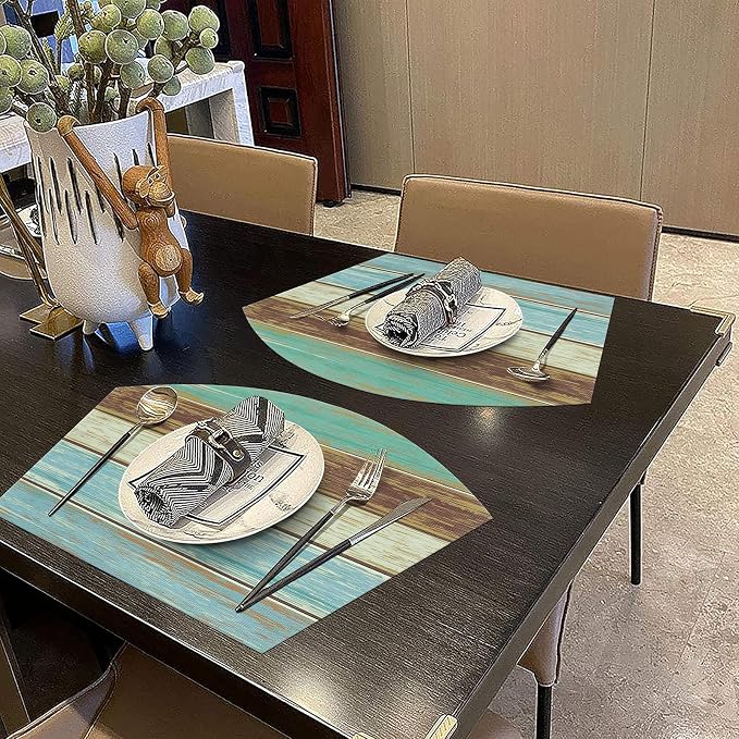 SHACOS Small Round Table Placemats Set of 5 Woven Vinyl Wedge Placemats with Centerpiece Round Table Mats Wipe Clean, Teal Brown Stripe Wood Board