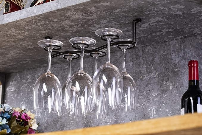 Under Cabinet Wine Glass Rack Stemware Holder,Oil Rubbed Bronze 6 Cup Glasses Vintage Style Stainless Steel Wall-Mounted Hanging Wine Glass Hanger For Bar Home Cafe