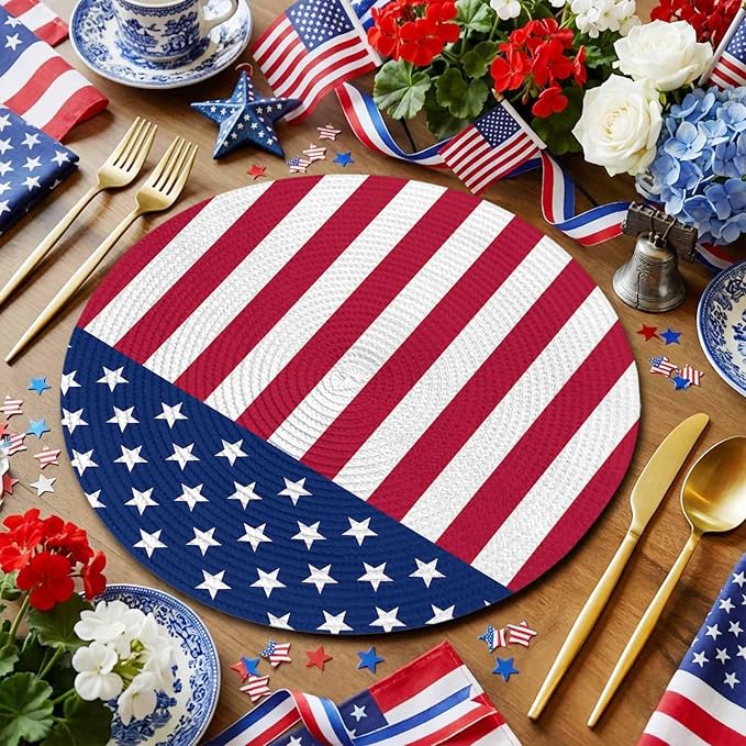 4th of July Round Placemats Set of 2 American Flag Place Mats Independence Day Woven Placemat Red White and Blue Star Stripes Circle Braided Table Mat for Kitchen Dining Table Party Decor 15 Inch