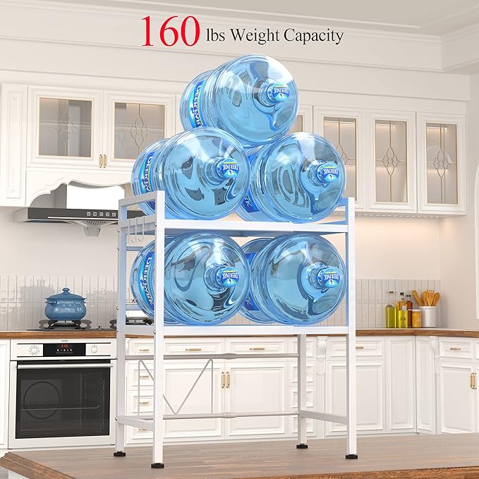 PUSDON Microwave Oven Rack, Adjustable Shelf Organizer 3-Tiers with 3 Hooks, & 160lbs Capacity for Kitchen Counter, White