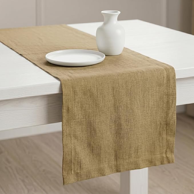 Solino Home Linen Table Runner 48 Inches - 100% Pure Linen Kelp Table Runner 14 x 48 Inch Ideal for Dresser and Coffee Tables, Spring, Summer - Diana Medium Weight