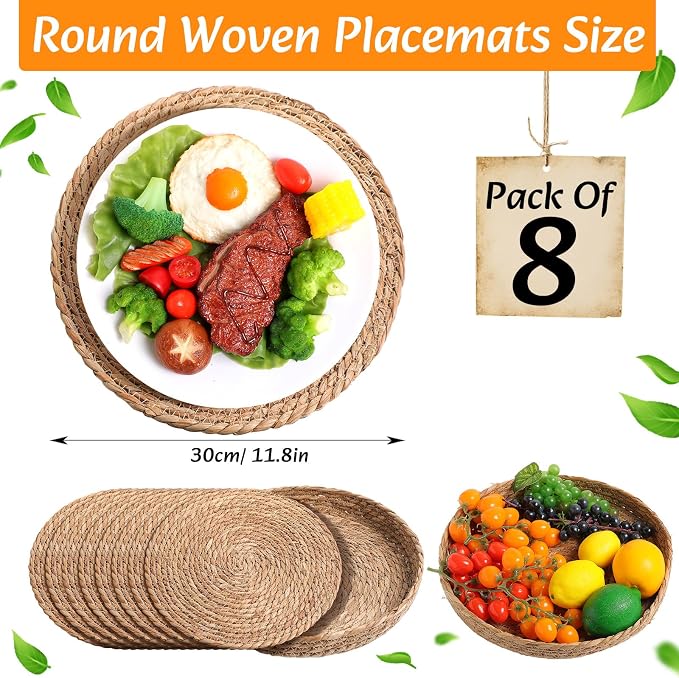 Boho Placemats 4/6/8 Set of Round Woven Placemat Macrame Style Bicolor Stitching Long Table Runner Farmhouse Rustic Natural Burlap Cotton for Kitchen Dining Table (8 Sets,Brown,12x108)