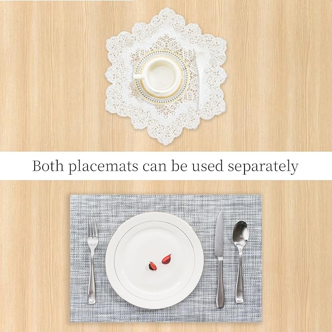BACKTOEDEN Placemats Set of 6 Heat Resistant Washable Wipeable Placemat Woven Non-Slip Foldable Vinyl/Plastic Place Mats Indoor/Outdoor Mat Kitchen Dining Table Pad, White Snowflake & Gray