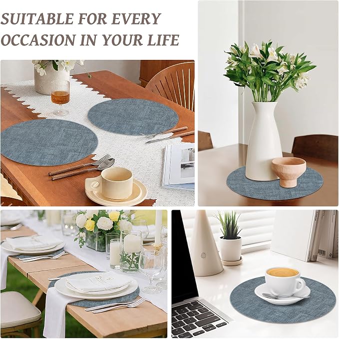 13" Round Placemats Set of 6, Reversible Faux Leather Heat Resistant Table Mats, Waterproof Oilproof Wipeable Table Protective Placemats for Vinyl, Washable for Indoor & Outdoor Use (6, Light Blue)