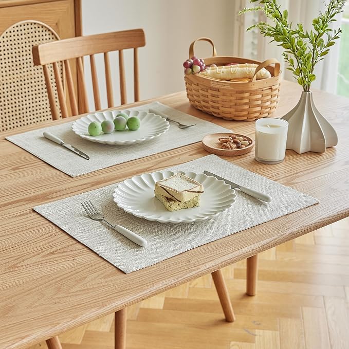 Softalker Faux Linen Placemats Set of 12-12 x 18 Inch, Heat Resistant Double Layered Durable Burlap Farmhouse Place Mats, Non-Slip Washable Rustic Table Mats for Dining, Kitchen, Party（Cream