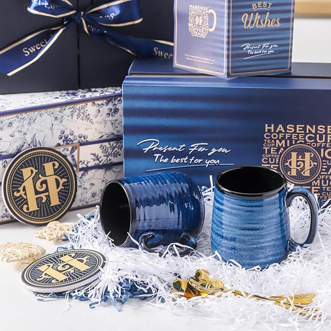 HASENSE Coffee Mugs Set of 2, 12oz Ceramic Glazed Mugs with Handles, Blue Reactive Glazes Tea Cups Gift Set for Men and Women, Includes Gold Spoon & Coaster