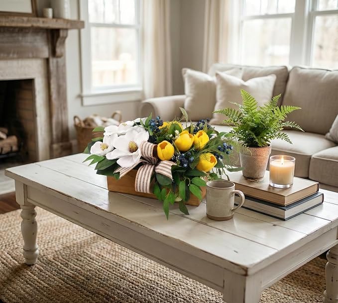 Spring Flowers Centerpiece for Table Decor, 20" L Lifelike Artificial Magnolia Tulip in Rectangular Wood Box, Lush Spring Eater Faux Floral Arrangement Farmhouse Mantel Shelf Kitchen Island Decor
