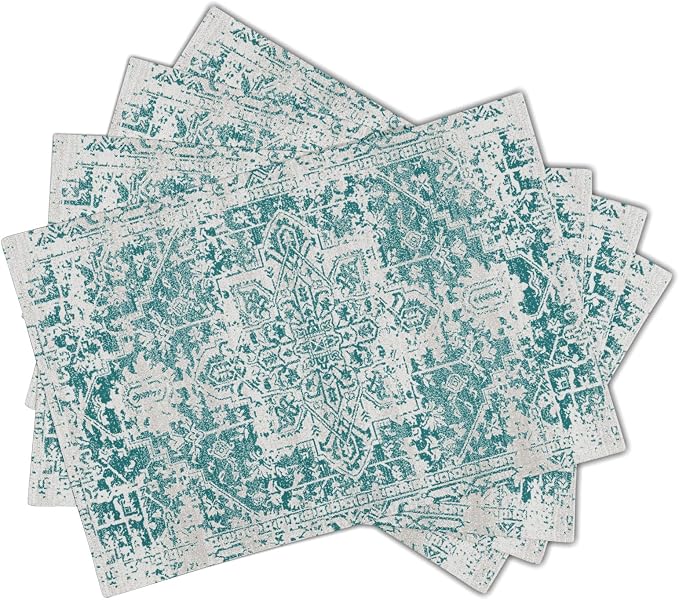 Gray Teal Boho Placemats Set of 4 Ethnic Bohemian Carpet Place Mats Washable Kitchen Dining Vintage Grey Geography Floral Linen Table Mats Stain Heat-Resistant Cloth Tabel for Home Party 12x18 in