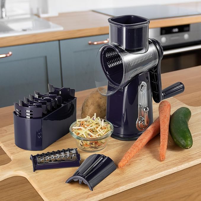5-in-1 Rotary Cheese Grater with Handle – Stainless Steel Blades, Vegetable Slicer & Shredder, Nut Grinder, Carrot & Cabbage Grater, Easy-to-Clean Kitchen Tool (Purple)