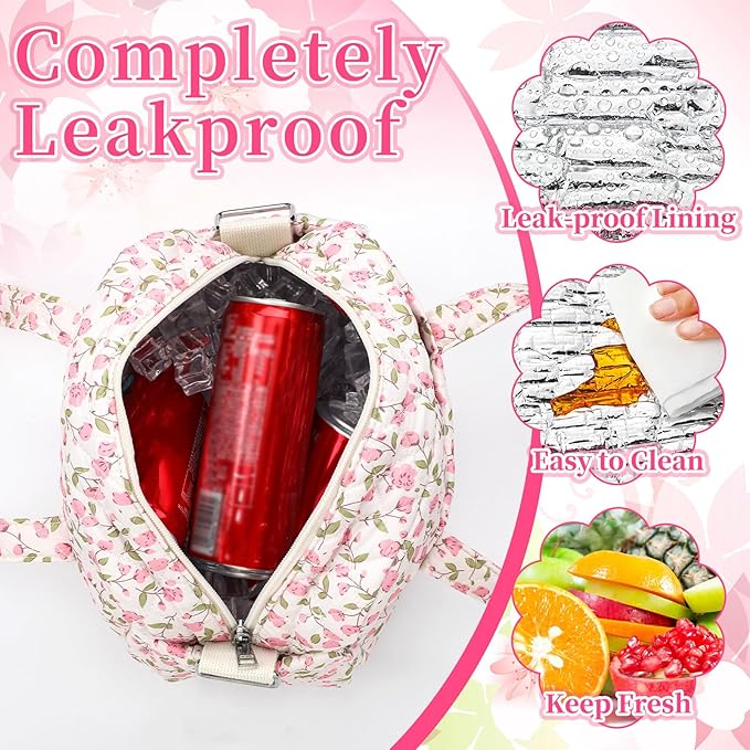 Zhehao Cute Lunch Bag for Women Large Quilted Insulated Lunch Box with Shoulder Strap, Crossbody Portable Leakproof Cooler Tote Bag for Adult Work Teacher Staff Office Travel Picnic(Pink Flower)