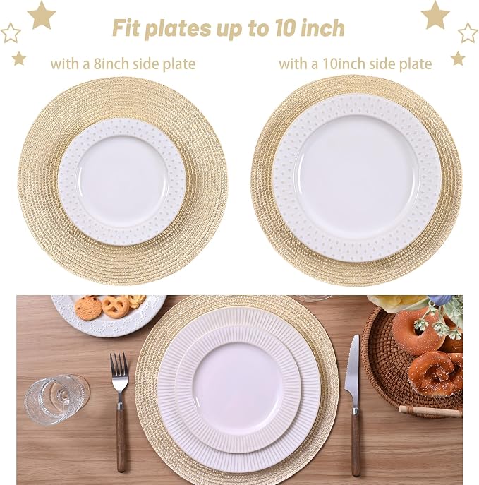 Feuille Round Braided Placemats Set of 6 Place Mats for Dining Table Woven Washable Non-Slip Table Mats 13.5 Inch Beige 6pcs