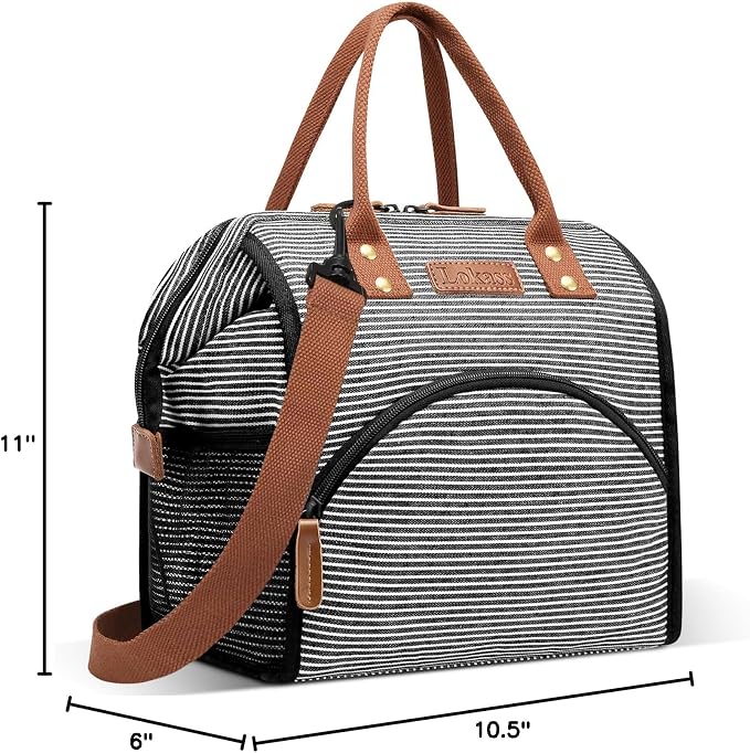 LOKASS Lunch Bag Insulated Lunch Box Wide-Open Lunch Tote Bag with Removable Shoulder Strap for Women/Men Adults Work Picnic Hiking Beach Fishing(Stripes)