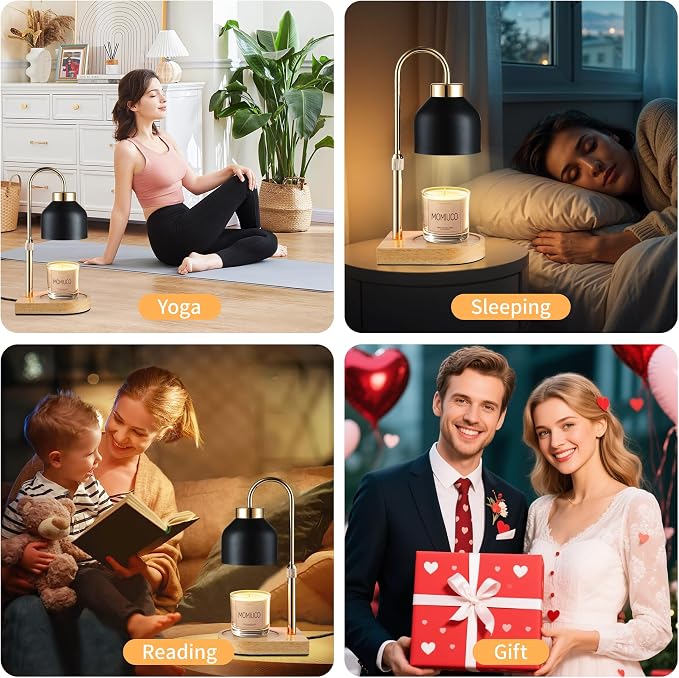Candle Warmer Lamp with Timer, Height Adjustable Wax Melt Warmer | Modern retro black glass shade, wood base, aesthetic home decor, birthday gifts for women mom, jar candles dimmer
