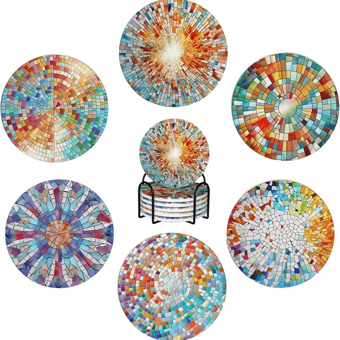Coasters Set of 6, Coasters for Drinks Absorbent Stone with Holder, Colorful Glass Ceramic Drink Coaster for Tabletop Protection, Coffee Table Decor Ideal for Home Decor House Warming Gifts