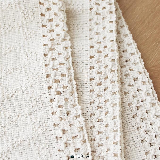 FEXIA Summer Table Runner with Tassels Boho 72 Inches Long Cream Burlap Table Runner for Home Farmhouse Decor Rustic Bohemian Dining Bedroom Decoration Baby Bridal Shower(12x72 Inches)