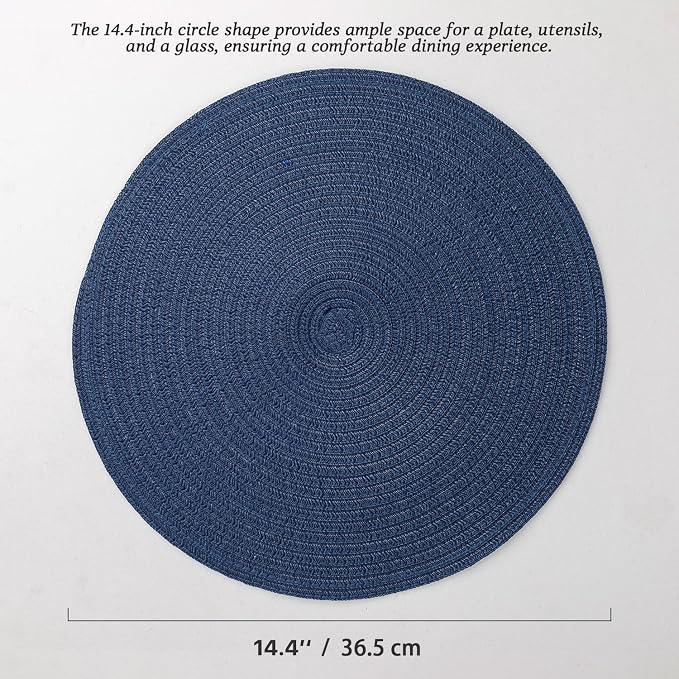 Round Placemats Set of 8 Woven Placemats Washable Braided Table Mats for Dining Table Heat Resistant Non-Slip Circle Place Mats(Navy Blue)