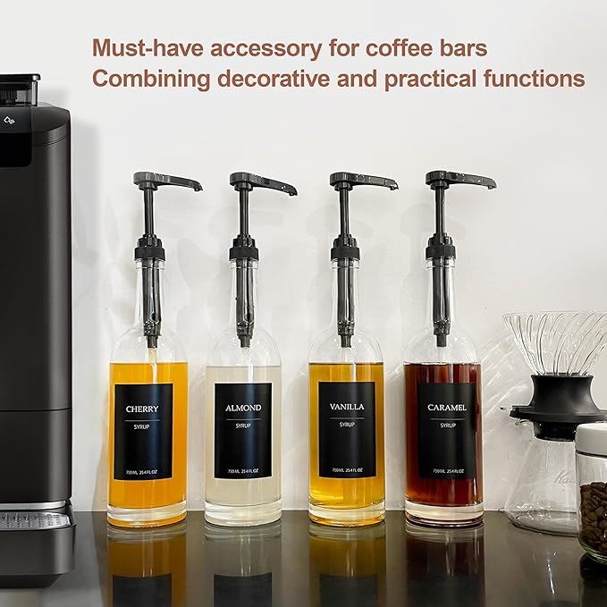 HCYWOC Coffee Syrup Dispenser, 25.4oz 750ml Glass Syrup Bottles, 2 Pack Syrup Dispenser for Coffee Bar With Large Leakproof Syrup Pump, 38 Labels