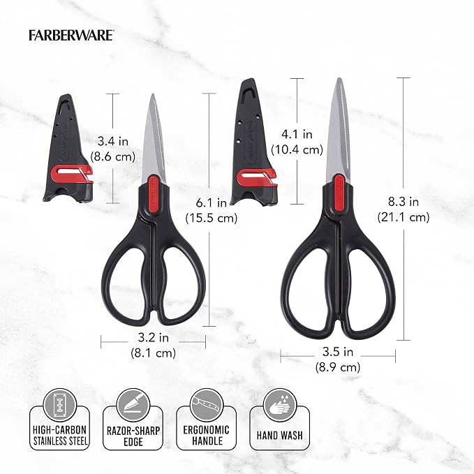 Farberware 2-Piece Kitchen Shears Set with Self-Sharpening Edgekeeper Sheaths, High Carbon Stainless Steel All-Purpose and Utility Scissors for Food, Poultry, Herbs, and More