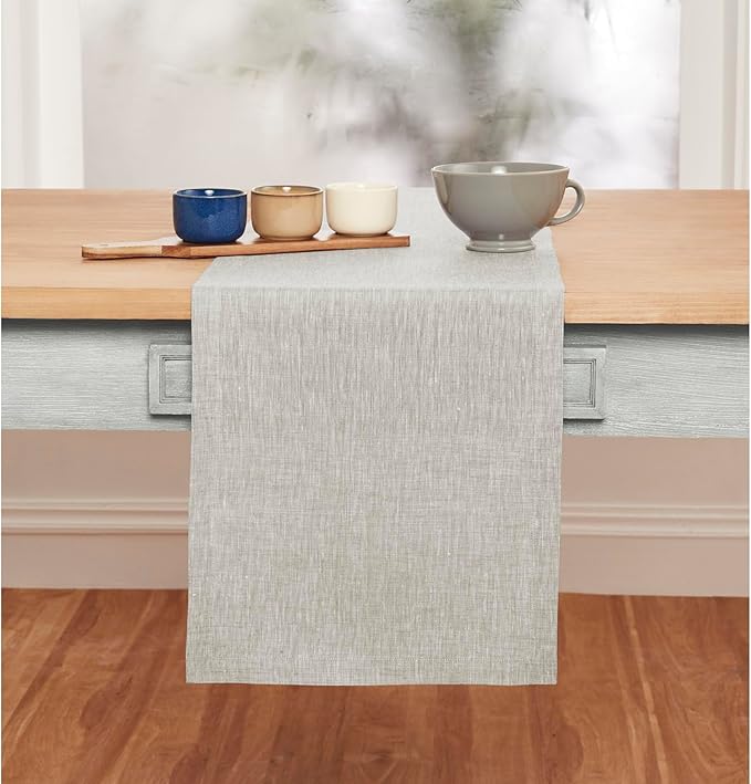 Solino Home Linen Table Runner 90 Inches Long - Athena, 100% Pure Linen Oyster Grey 14 x 90 Inch Table Runner for Dining, Spring, Summer