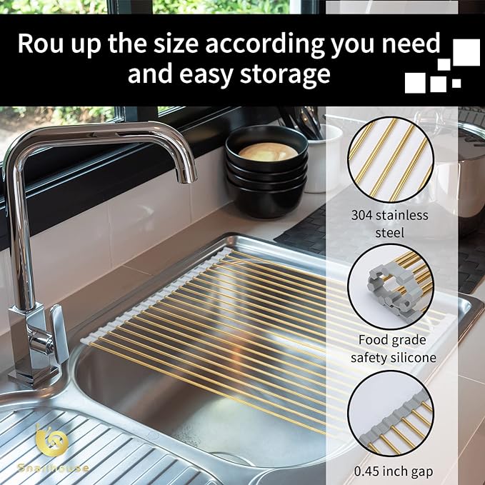 Snailhouse Roll Up Dish Drying Rack, Stainless Steel Dish Drainer Over The Sink with Anti-Slip Silicone for Kitchen Counter, Gold (17.8 x 15.7 in)