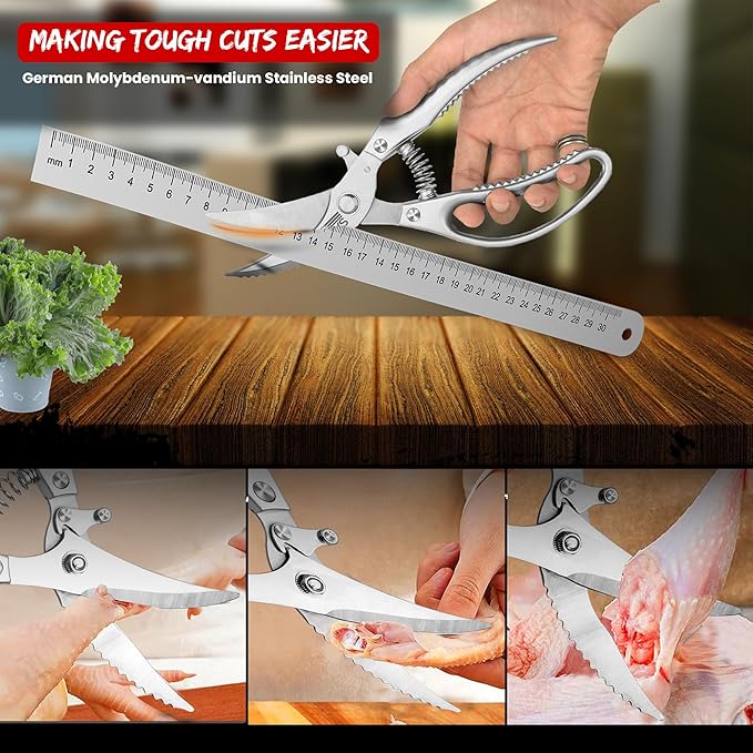 Heavy Duty Poultry Shears – Professional Stainless Steel Kitchen Scissors for Chicken, Turkey, Bone, Meat & Fish – Spring Loaded Spatchcocking Shears – Dishwasher Safe with Safety Lock