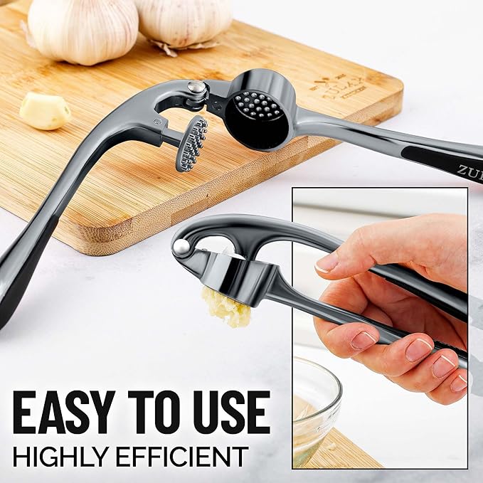 Zulay Kitchen Premium Garlic Press Set - Rust Proof Professional Garlic Mincer Tool - Easy-Squeeze, Easy-Clean with Soft, Ergonomic Handle - Silicone Garlic Peeler & Brush (Slate)