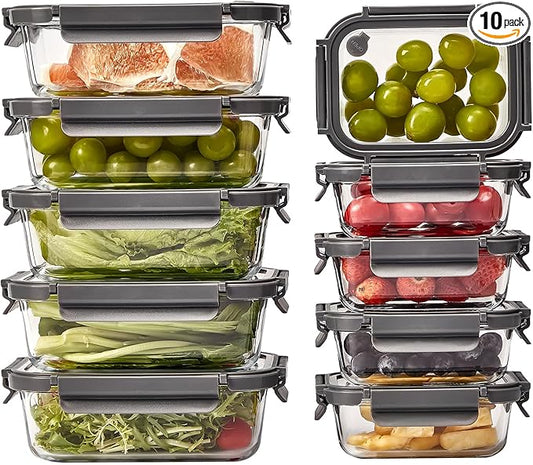 Glass Food Storage Containers with Lids,10 pack [36oz*5+13.5oz*5], Glass Meal Prep Container with Airtight Lids, Microwave Safe Food Container Set, BPA Free, LeakProof, Ideal for Lunch