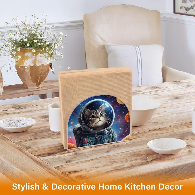 Fustylead Outer Space Themed Astronaut Cat Napkin Holder for Table Acrylic Vertical Napkin Holders for Paper Napkins Decor Napkin Dispenser for Home Party Dining Cocktail Kitchen Accessories