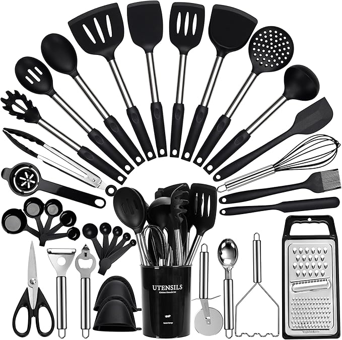 Large Cooking Utensils Set, 35 Pcs Silicone Kitchen Utensils Set with Holder, Stainless Steel Handle Spatula Set, Heat Resistant Food Grade Silicone Kitchen Gadgets for Non-stick Cookware (Black)