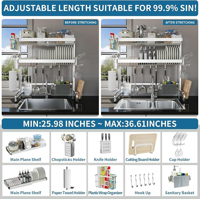 LIVOD Over The Sink Dish Drying Rack,3 Tier Adjustable Length Full Stainless Steel Large Storage Kitchen Dish Rack,for Kitchen Counter Expandable Multifunctional Organizers,Silver (25.5'' to 37.6'')