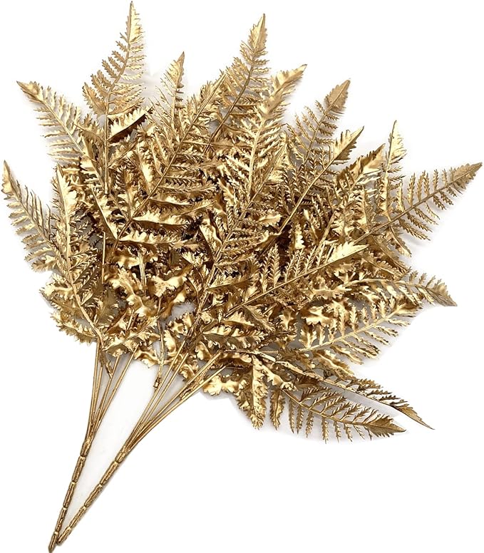 CATTREE Artificial Plants Christmas Decoration, Plastic Golden Boston Plant Fake Simulation Fern Leaves for Wedding Bridal Bouquet Party Indoor DIY Home Office Table Centerpieces Decor - Gold 4 Pack