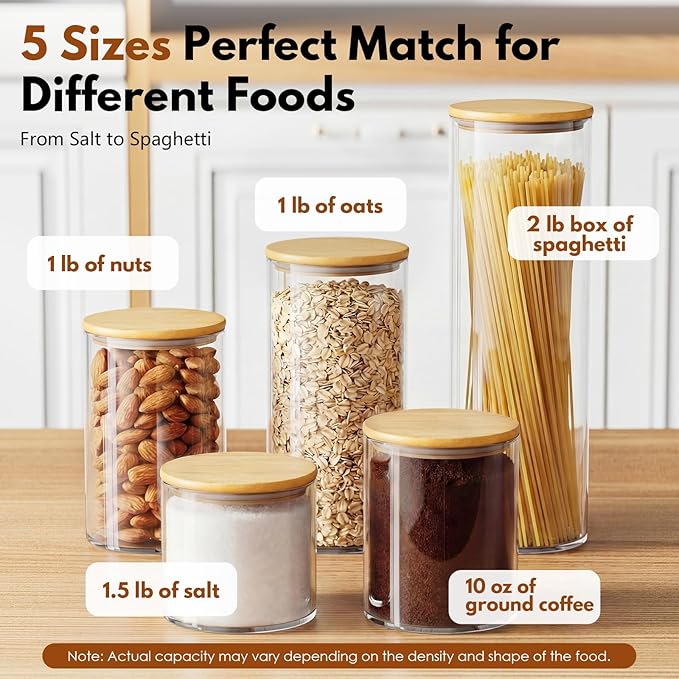 OneDream Glass Container - 5 Pack MultiSize Glass Jars with Bamboo Lid, Bamboo Lid Storage Jar Canister for Coffee Beans, Cereal, Pasta, Flour, Tea, Nuts, Candy, Salts and More