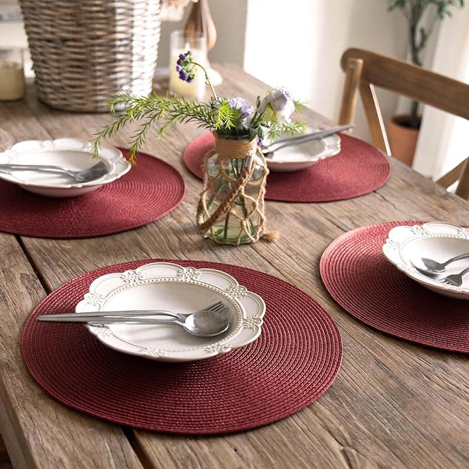 FunWheat Round Braided Placemats Set of 6 Table Mats for Dining Tables Woven Washable Non-Slip Place mats 15 inch(Burgundy, 6pcs)
