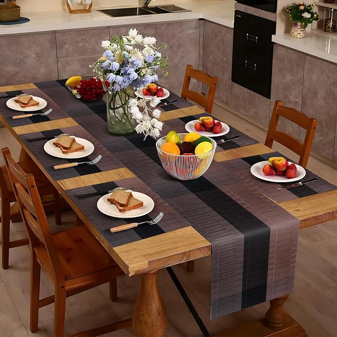 Aofmee Table Runner and Placemats Set of 6 Washable, Heat Resistant Place Mats with Table Runner, Woven Vinyl Table Placemats for Dining Table, Stain Resistant Kitchen Table Mats Sets, Easy to Clean