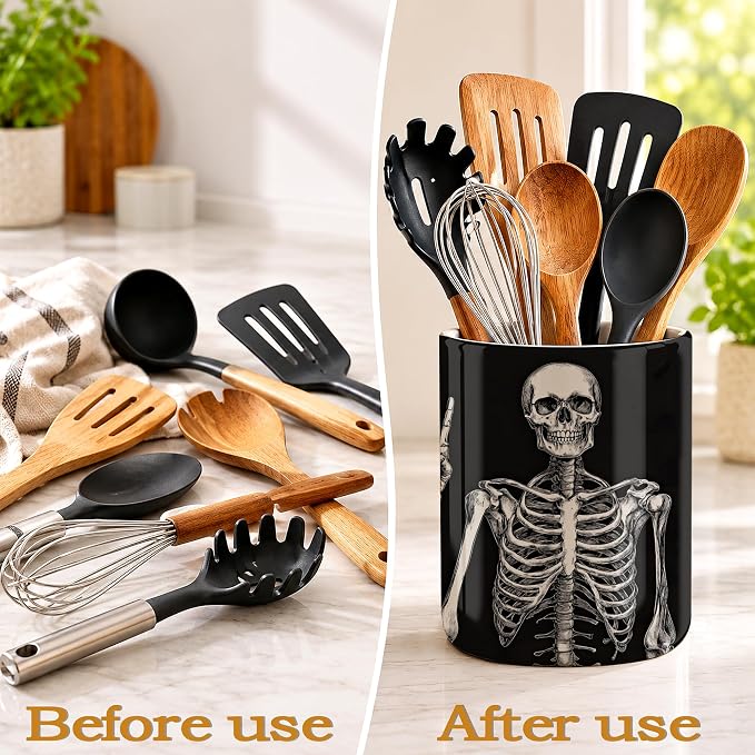 Utensil Holder for Countertop,Funny Skull Ceramic Utensil Crock Organizer for Home Kitchen Spoons,Spatulas and Cooking Tools
