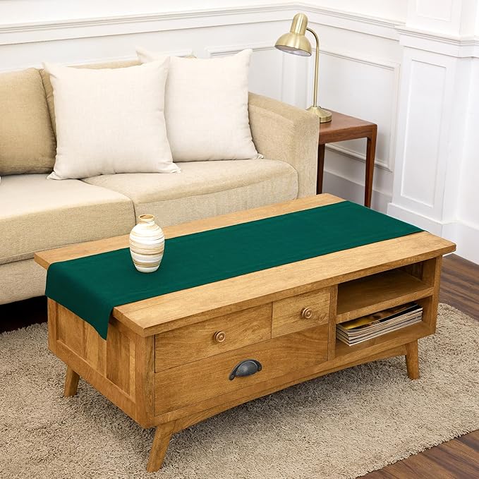 Solino Home Linen Rainforest Green Table Runner 60 Inches - 100% Pure Linen Farmhouse Short Table Runner 14 x 60 Inch Ideal for Dresser and Coffee Tables - Fete