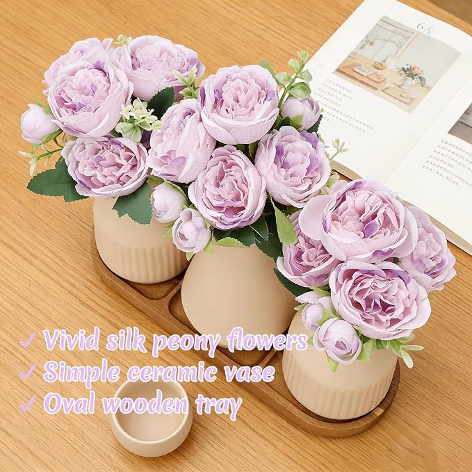 Flower Table Centerpiece - Dining Table Centerpiece Decor Set of 3 Fake Peonies in Ceramic Vases & Wood Tray Modern for Kitchen Island Living Room Coffee Table Home Decor (Light Purple)