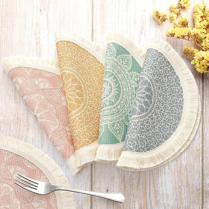 LOMOHOO Set of 4 Round Placemats 13 Inch Table Mats Boho Cotton Woven Mandala Tassels Heat Proof Washable Circle Place Mat for Kitchen Dining Wedding Farmhouse Home Decoration Colorful-4pcs