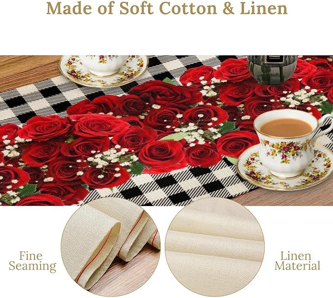 Rose Table Runner, Vintage Rustic Plaid Abstract Red Rose Flower Plant Plant Table Decor Table Top Dining Kitchen Wedding Party 13x36 Inch
