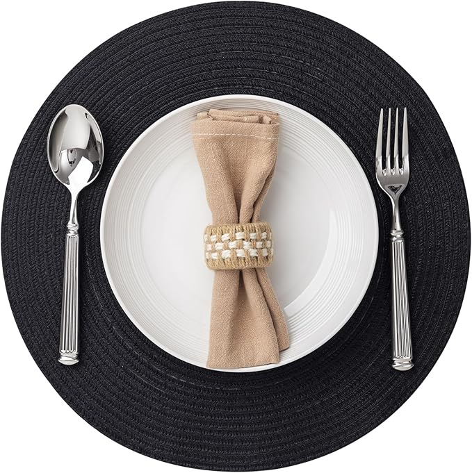 Round Placemats Set of 12 Woven Placemats Washable Braided Table Mats for Dining Table Heat Resistant Non-Slip Circle Place Mats(Black)