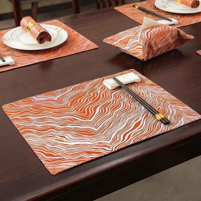 Orange Placemats Set of 6, 12x18 Inch Mountain-Inspired Jacquard Place Mats, Double Sided Reversible Non Slip, Irregular Woven Texutre Table Mats, Modern Dining Table Decor for Kitchen