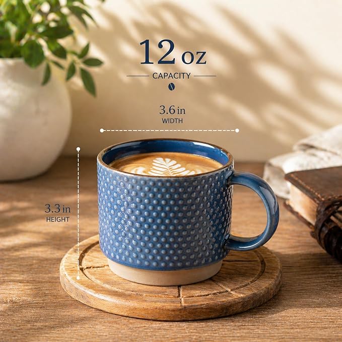 GBHOME 12 OZ Stackable Coffee Mugs, Ceramic Coffee Mugs with Texture Patterns for Man,Woman,Dad,Mom, Modern Coffee Cups Set of 4 for Latte/Cappuccino/Cocoa. Dishwasher&Microwave Safe