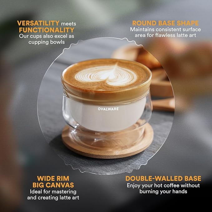 ovalware 8.5oz Double Wall Latte Cups, Latte Set of 2 - Latte Glasses for Cold & Hot Drink, Palm-Sized Cups with Wide Rim for Artistic Designs - Frost White
