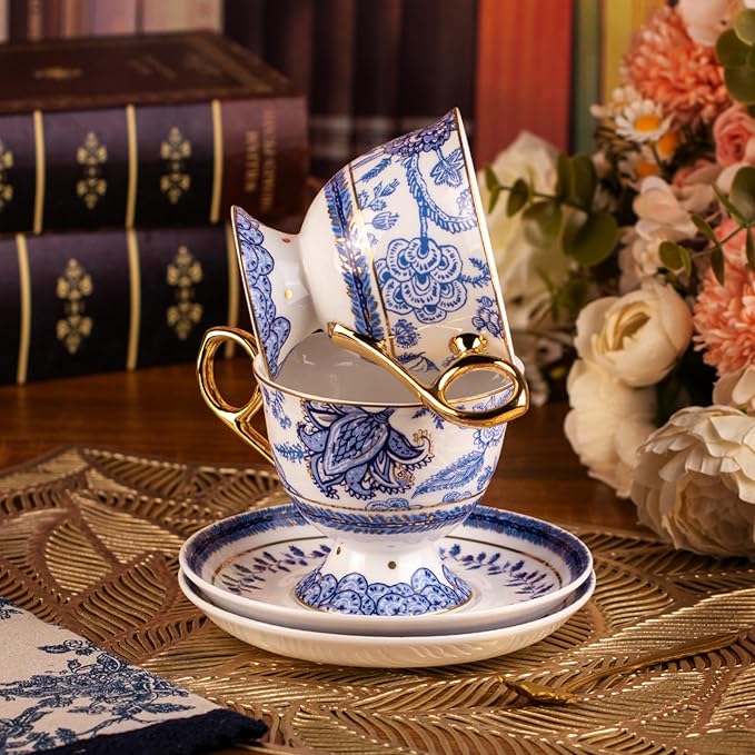 KAMMAK Tea Cups and Saucers Set of 2, Fine Bone China Coffee Cups, 8.5-Ounce Stackable Espresso Mugs, Ceramic Demitasse for Coffee, Cappuccino, Latte, Americano, Tea, Tall Navy