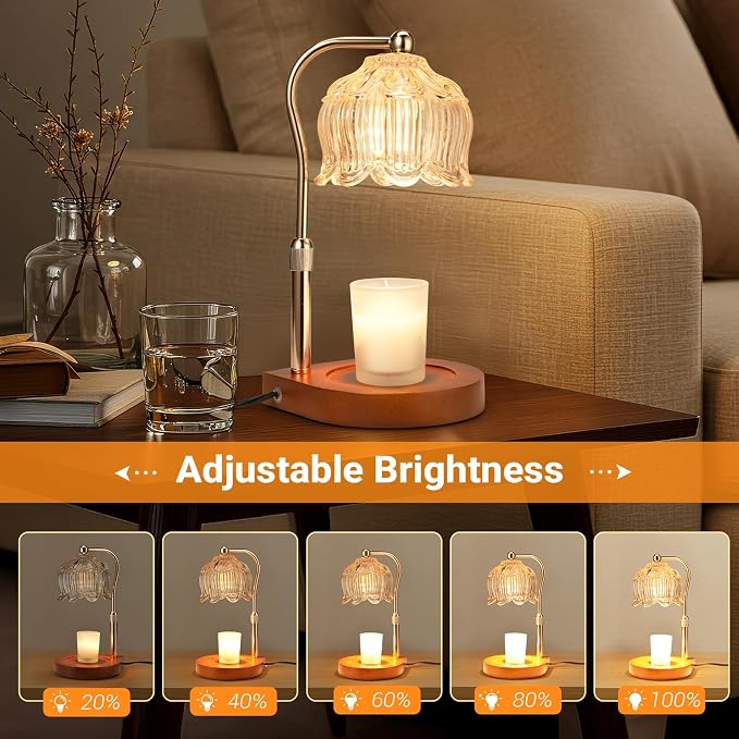 Candle Warmer Lamp with Timer Dimmer, Adjustable Height Candle Lamp Warmer for Jar Candles, Flower Glass Wax Melt Warmer with 2 Bulbs, Flameless Home Decor Gifts for Women Mom, Housewarming